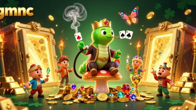 Engaging scene showcasing gmnc's caterpillar master amidst a dazzling casino environment filled with treasures.