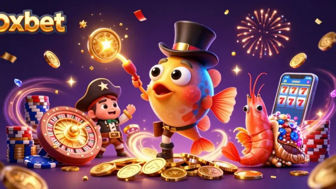 Experience winning with oxbet in this vibrant 3D casino scene featuring lucky symbols and characters.