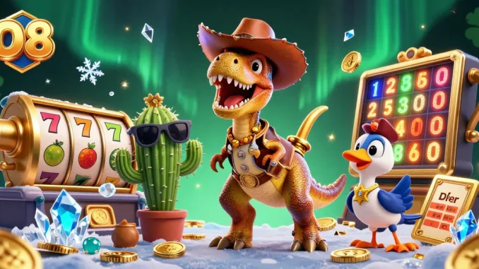 Engage with the thrill of O8's casino scene featuring a lively T-Rex in action.