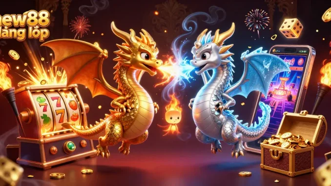 Engage in exciting new88 đăng nhập experiences with twin dragons battling fire and ice amid casino treasures.