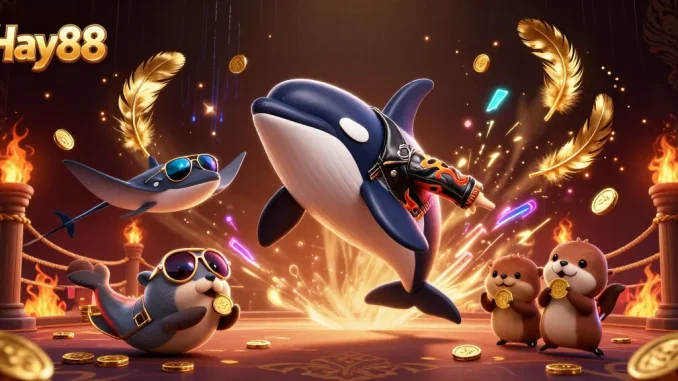 Experience thrilling gameplay at Hay88 with fun sea creatures amidst gold coins and gaming elements.