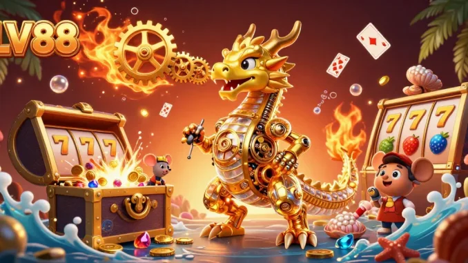 Experience thrilling moments at LV88 with a golden dragon and treasure-themed 3D casino illustration.