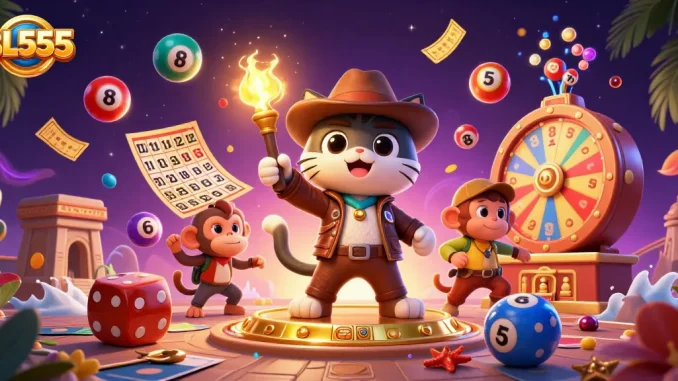 Win big at BL555 with our vibrant and engaging illustration of a cat discovering a golden casino artifact.