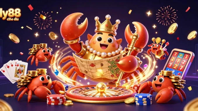 Experience the excitement of fly88 chính thức with a vibrant casino scene featuring a golden crab emperor and dynamic game elements.