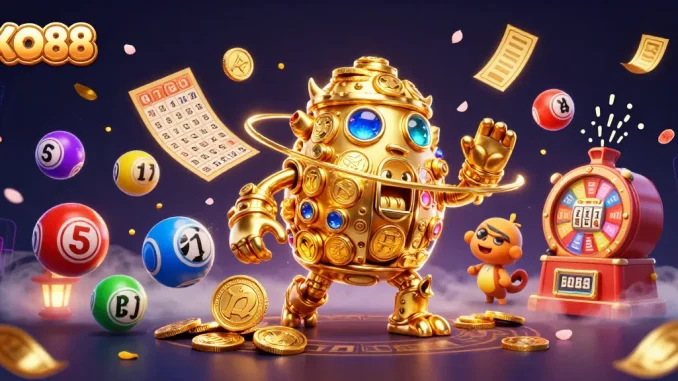 Experience excitement with XO88's golden golem and vibrant lottery elements in a dynamic casino scene.