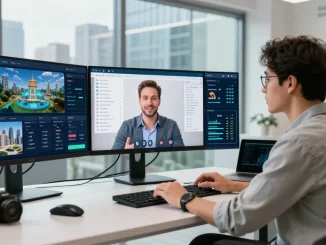 Investor exploring rokok88 virtual properties on digital screens in a modern workspace.