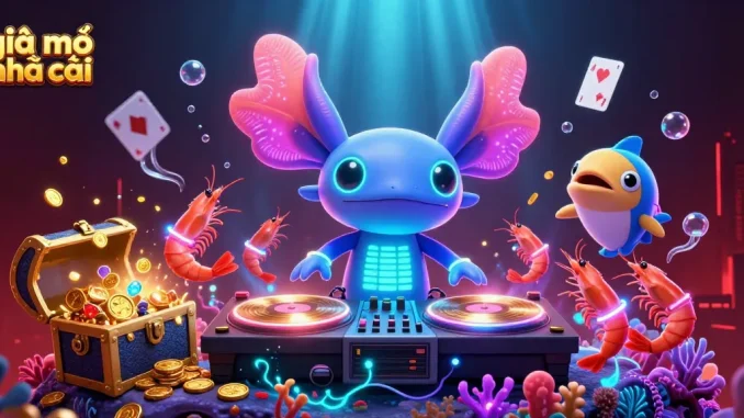 Engage with giải mã nhà cái in this vibrant 3D scene featuring an energetic axolotl DJ and colorful underwater treasures.