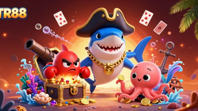 Join the adventure at TR88, featuring a pirate shark, boxing pufferfish, and octopus with treasure in an exciting underwater casino!