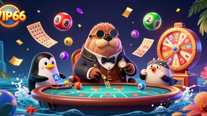 Engage in thrilling VIP66 gaming with a jolly walrus and companions at an underwater poker table.