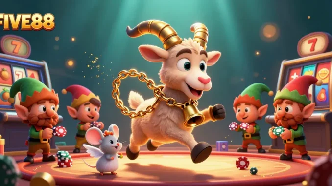 Experience the excitement of FIVE88 with a festive casino scene featuring Krampus and playful characters.