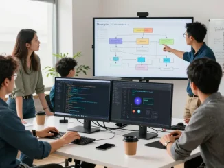 Team discussing Bungee Exchange cross-chain solutions in a modern workspace