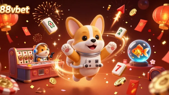 Play engaging games at 188vbet with floating corgi, coins, and luck elements in a vibrant casino scene.