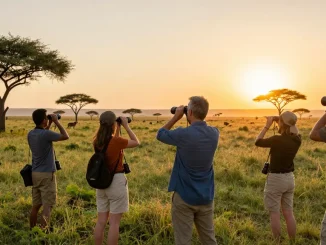 NAGA2000 travelers joyfully capturing wildlife at Kidepo Valley National Park during golden hour