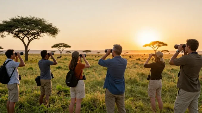 NAGA2000 travelers joyfully capturing wildlife at Kidepo Valley National Park during golden hour