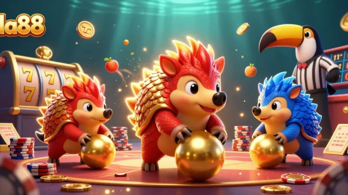 Engage with da88's thrilling 3D casino scene featuring rival pangolins amidst vibrant slot elements.