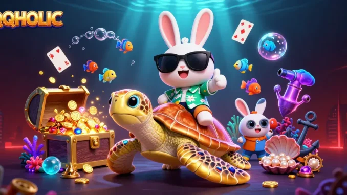 Experience the QQHOLIC adventure with a lucky rabbit and golden turtle in vibrant casino fun!