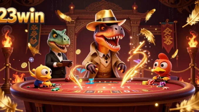 Experience thrilling bets with 23win's 3D illustrated velociraptor and stegosaurus at the casino.