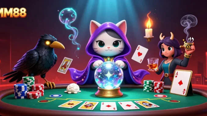 Experience thrilling gaming with MM88's vibrant casino scene featuring mystic characters and poker elements.
