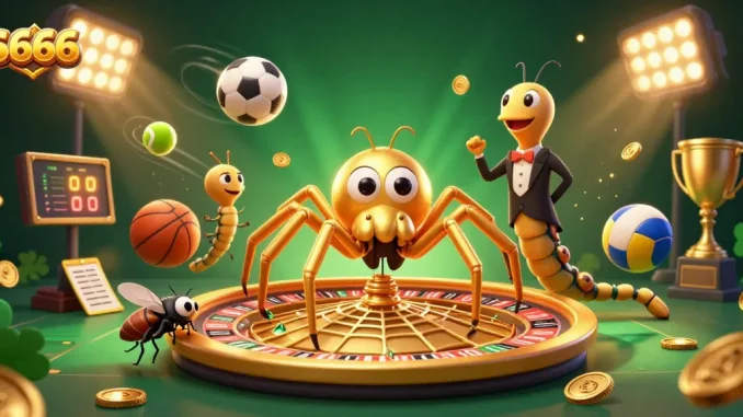 Experience thrilling gaming at S666 with a vibrant illustration of a golden spider and centipede croupier amidst sports elements and a roulette wheel.