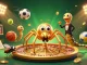 Experience thrilling gaming at S666 with a vibrant illustration of a golden spider and centipede croupier amidst sports elements and a roulette wheel.