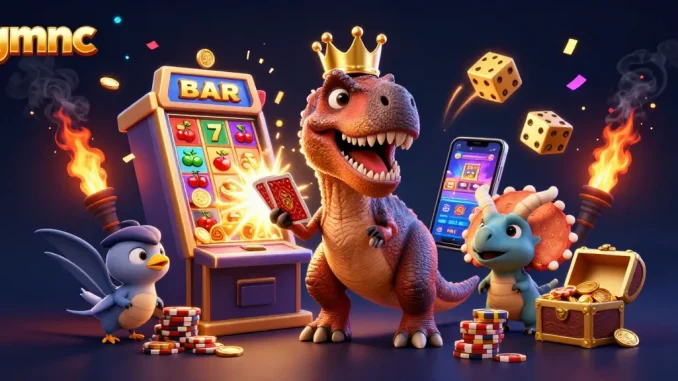 Engage with gmnc's interactive casino experience featuring a T-Rex shuffling cards and a triceratops stacking chips.