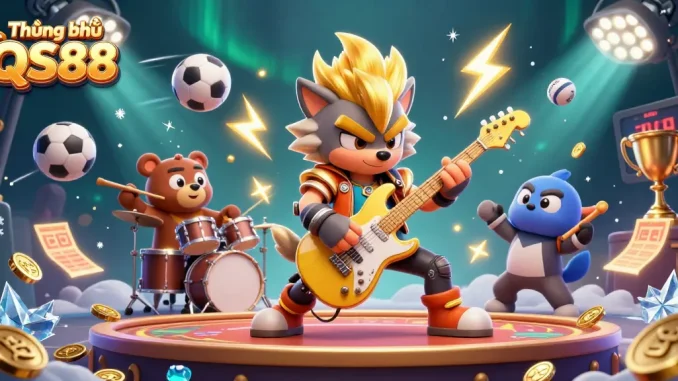 Bet and celebrate with Thương hiệu QS88 in a thrilling casino scene featuring dynamic characters and vibrant game elements.