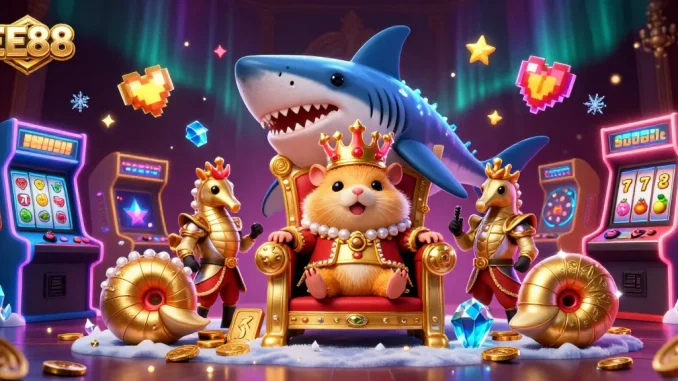 Spin the reels with EE88: mesmerizing illustration of a golden hamster king and gaming elements.