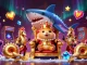 Spin the reels with EE88: mesmerizing illustration of a golden hamster king and gaming elements.