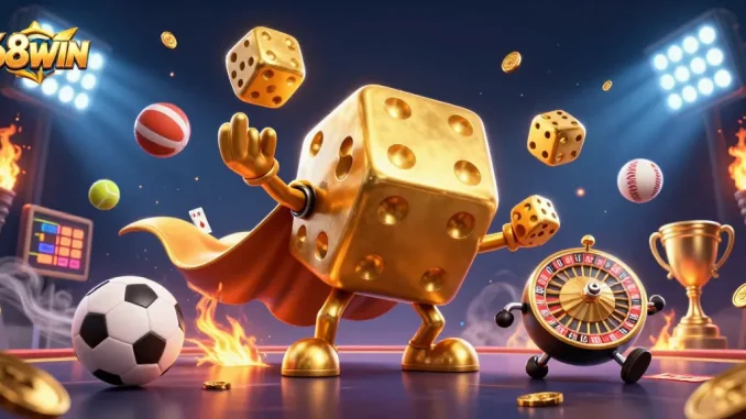 Place bets at 68WIN with vibrant golden dice and sports-themed elements showcasing action