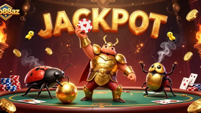 Experience thrilling gameplay at ao88az with a victory pose from our hero beetle in a vibrant casino setting!