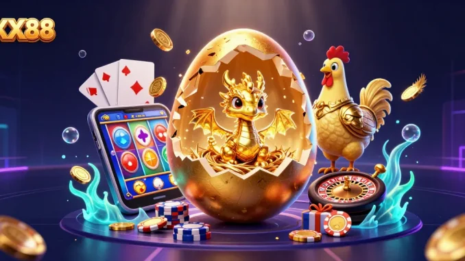 Experience thrilling adventures and golden wins at XX88 with a baby dragon and poker chips in a dynamic 3D casino scene.