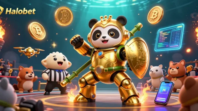 Halobet showcases a vibrant casino scene with a mech-suit panda amidst crypto elements and cheering crowd.