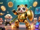 Halobet showcases a vibrant casino scene with a mech-suit panda amidst crypto elements and cheering crowd.