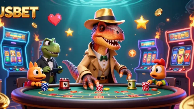 Experience thrilling gameplay with USBET as a velociraptor card counter sneaks chips at a casino table.
