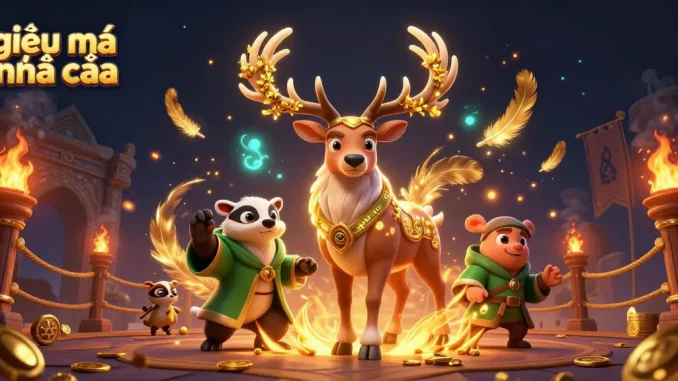 Experience the magic of giải mã nhà cái through a captivating 3D illustration of a Celtic druid stag and wise badger.