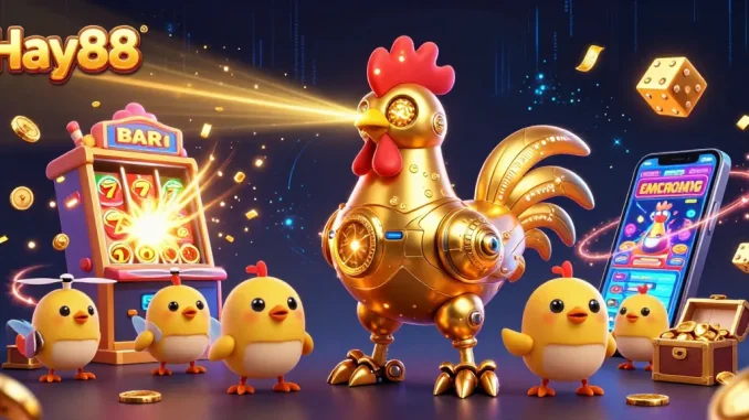 Engage in thrilling gameplay with Hay88's vibrant 3D casino illustration showcasing retro-futuristic characters and dynamic game elements.