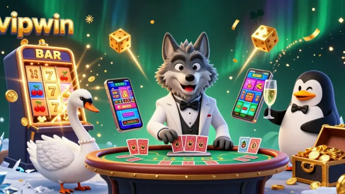 Engage in thrilling vipwin gaming with a cartoon wolf, swan dealer, and penguin presenter amid dazzling casino elements.