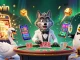 Engage in thrilling vipwin gaming with a cartoon wolf, swan dealer, and penguin presenter amid dazzling casino elements.