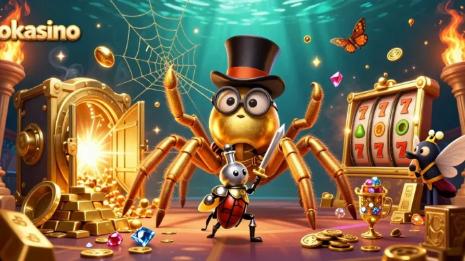 Experience exciting wins at jokacasino with vibrant slot machines and engaging characters in this dynamic illustration.