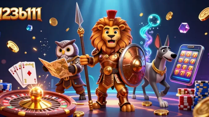 Engage with the thrilling world of 123b111 as a Spartan lion and friends celebrate winning moments filled with gold coins and games.
