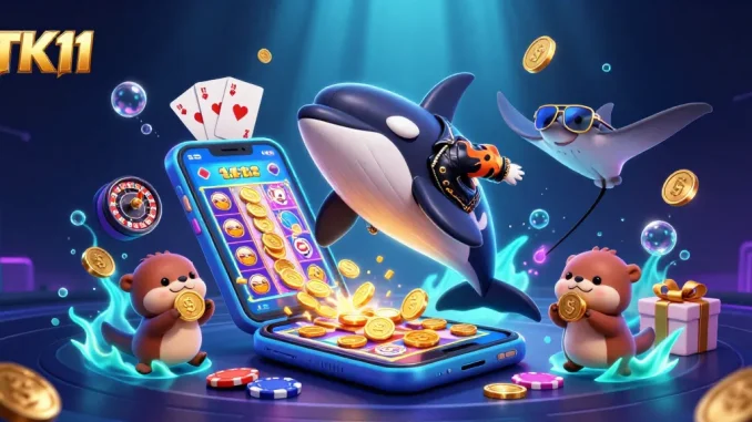Experience thrilling gameplay at TK11 with an orca, stingray, and otters celebrating wins amidst vibrant slot game visuals.