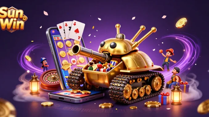 Experience the excitement of Sun Win with a dynamic 3D casino scene featuring a golden beetle tank and interactive game elements.