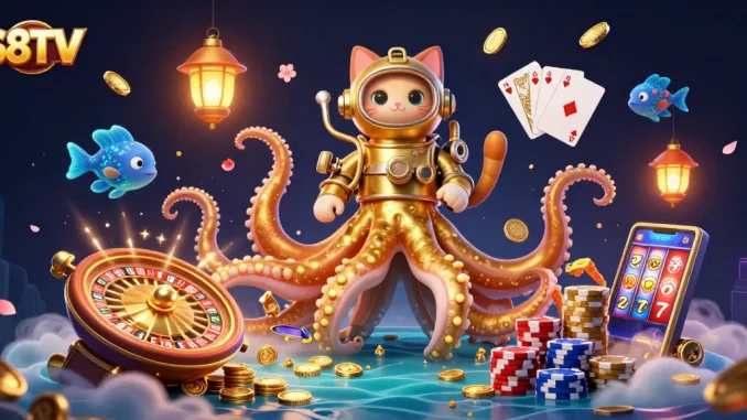 S8TV captures an exciting moment in gambling with a dynamic underwater scene showcasing a colossal kraken and vibrant elements.