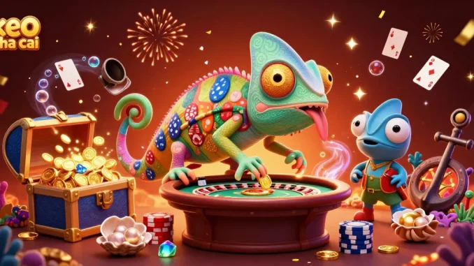 Engaging chameleon casino owner amidst vibrant keo nha cai elements in a colorful casino scene.