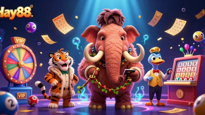 Experience the excitement of Hay88 with a dynamic 3D casino bouncer, vibrant lottery balls, and VIP characters in action.