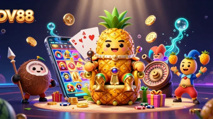 Experience thrilling games at DV88 with vibrant slots and dynamic characters on a beach casino.