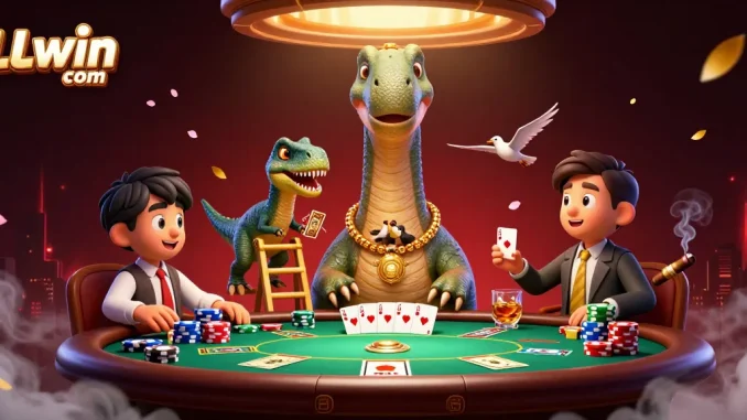 Experience the thrilling action at LLwin com with a whimsical 3D casino scene featuring a brontosaurus and card-dealing raptor.