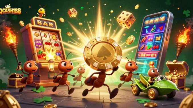Engage with QQCASH188 through an exciting heist illustration with playful cartoon ants.