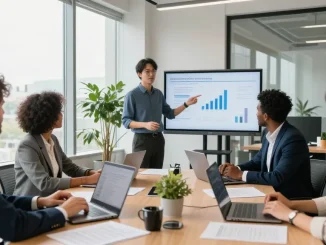 Équipe CIBC business collaborant dans un bureau moderne, discutant des stratégies financières.