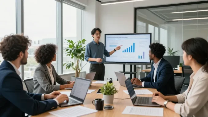 Équipe CIBC business collaborant dans un bureau moderne, discutant des stratégies financières.